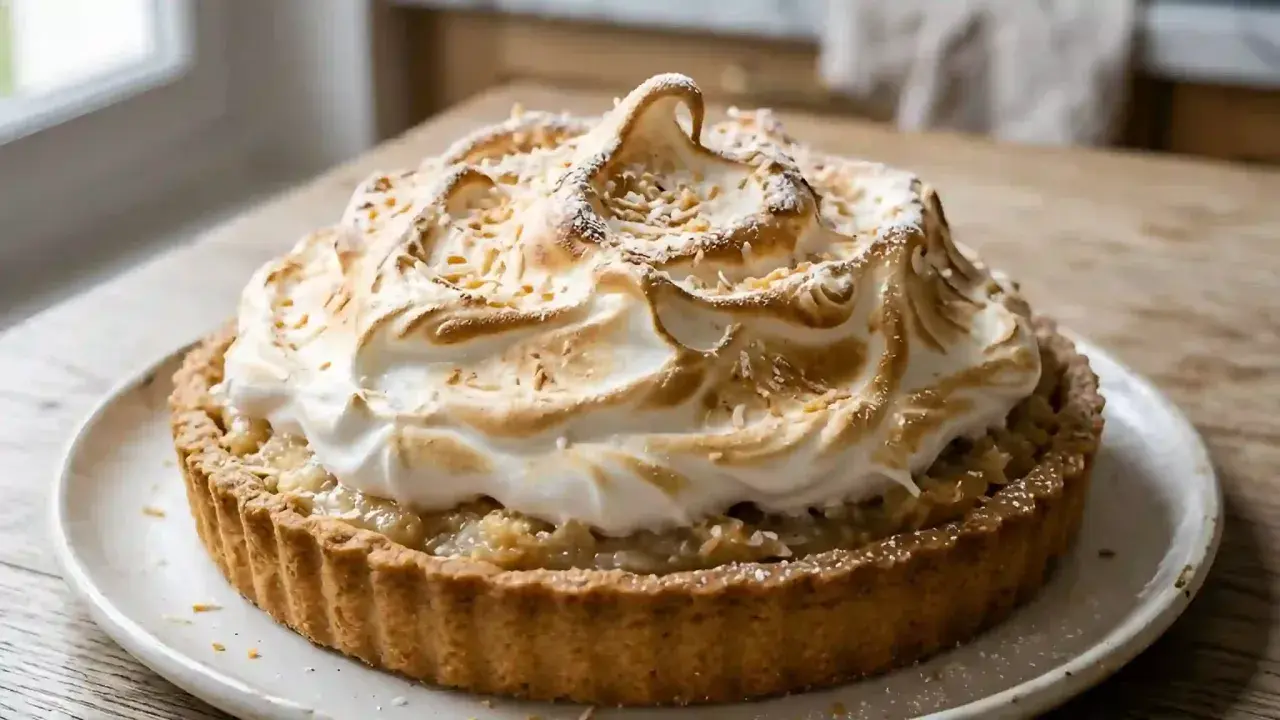 Une délicieuse tarte noix de coco avec une meringue dorée et aérienne, parsemée de copeaux de noix de coco grillés.