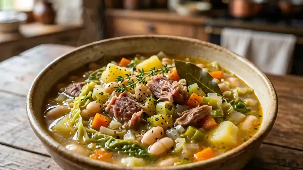 Un bol fumant de garbure, une recette facile et réconfortante avec des légumes, du porc effiloché et des haricots blancs.