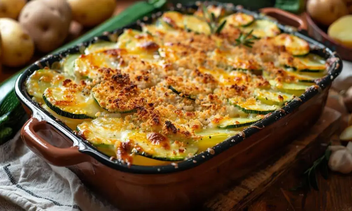 Un délicieux gratin courgettes pommes de terre, doré et croustillant, prêt à être dégusté.