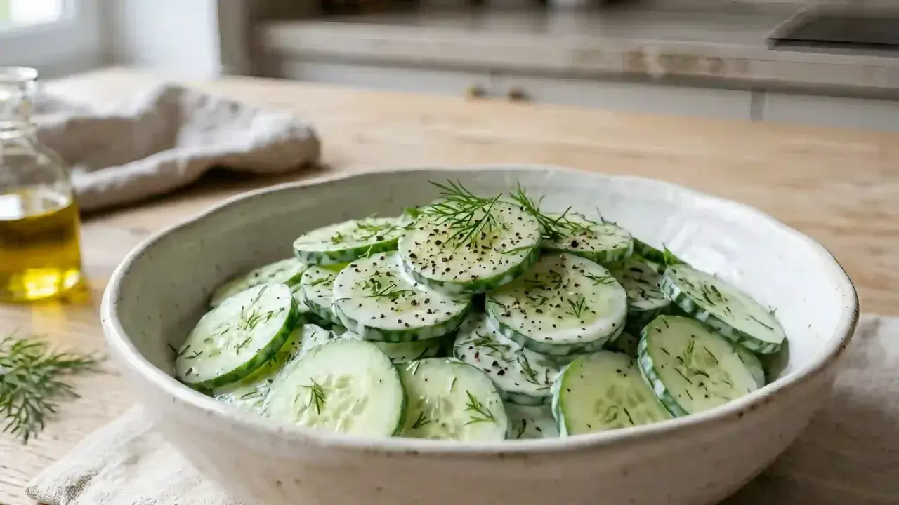 Salade fraîche de concombre à la crème, garnie d'aneth et de poivre noir. Un délice simple et rafraîchissant.