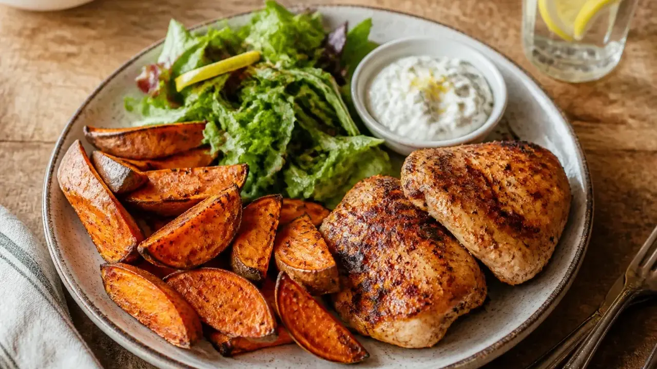 Un plat savoureux avec du poulet grillé, une salade fraîche et un accompagnement patate douce rôti, servi avec une sauce crémeuse.