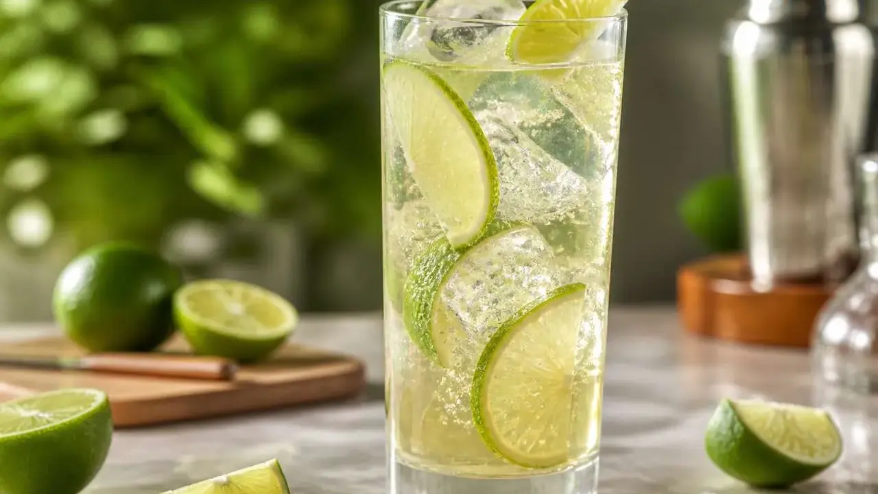 Un cocktail rafraîchissant de Pineau des Charentes, garni de rondelles de citron vert et de glaçons, prêt à être dégusté.