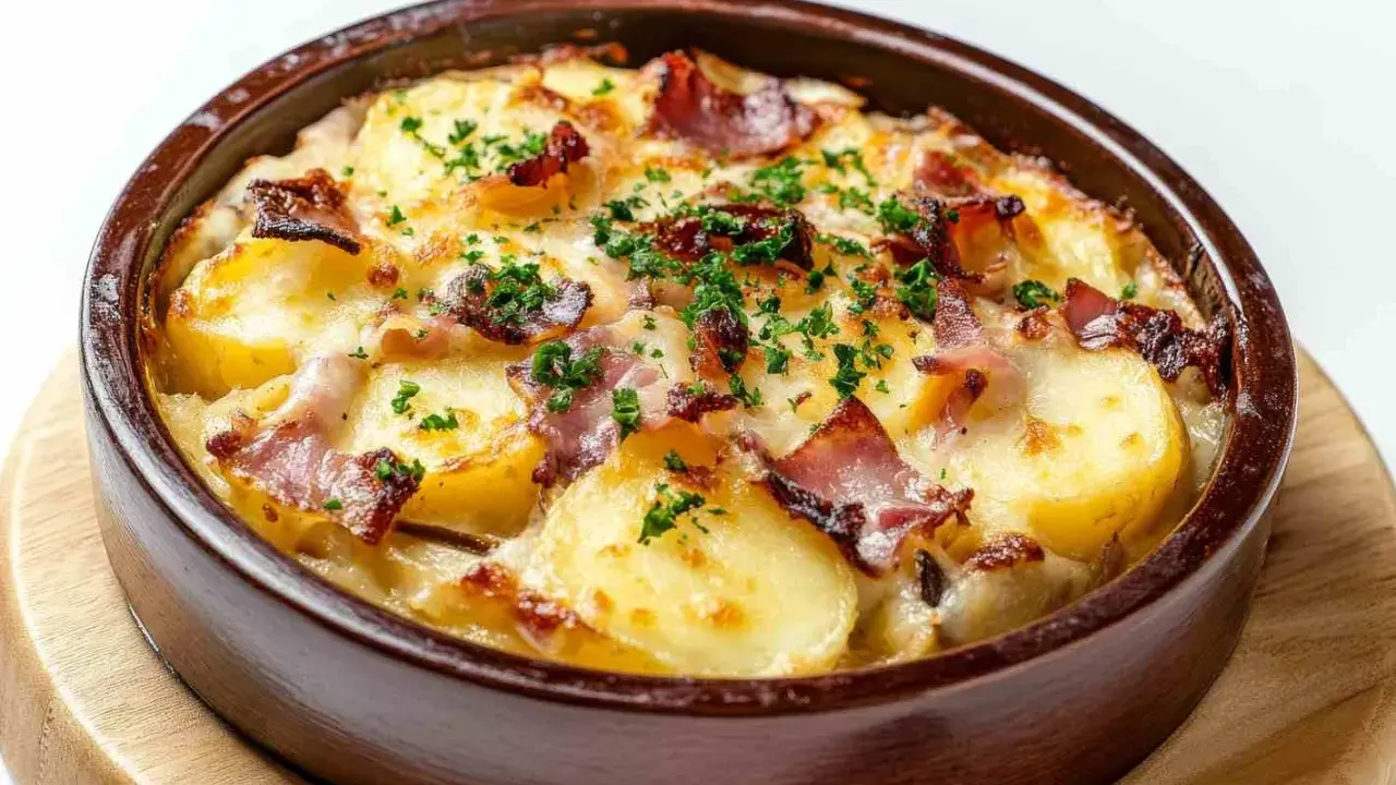 Un plat de tartiflette gratiné, avec des pommes de terre, du lard et du fromage fondu, parsemé de persil frais. Un délice à déguster avec un verre de vin blanc.