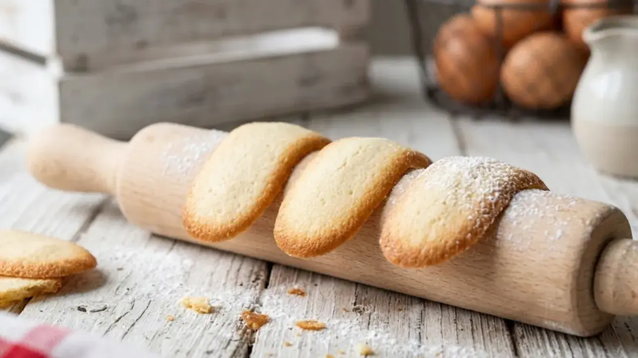Des biscuits langue de chat dorés, saupoudrés de sucre glace, reposent sur un rouleau à pâtisserie en bois.