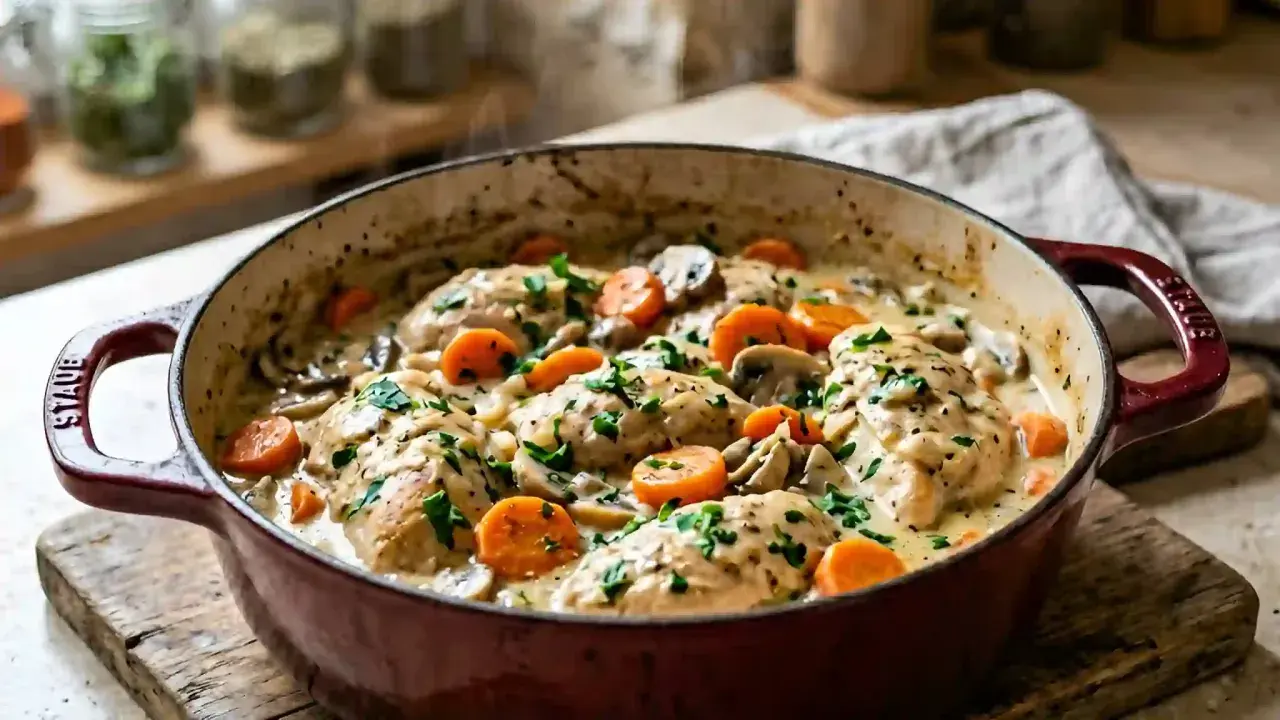 Un plat fumant de fricassée de volaille, avec des morceaux de poulet tendres, des champignons et des carottes dans une sauce crémeuse, garni de persil frais.