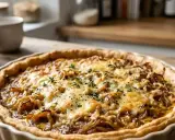 Une délicieuse quiche oignons fromage, dorée et gratinée, garnie de thym frais. Parfaite pour un repas réconfortant.