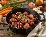 Joue de porc en cocotte, tendres morceaux nappés d'une sauce savoureuse, accompagnés de carottes et d'oignons.