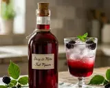 Bouteille de sirop de mûres fait maison à côté d'un verre de boisson pétillante aux mûres et à la menthe.