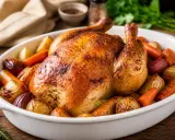 Canette rôtie dorée, entourée de carottes, pommes de terre et oignons. La meilleure recette canette au four pour un repas savoureux.