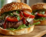 Délicieux hamburger maison, avec steak juteux, fromage fondant, tomates fraîches, oignons caramélisés et laitue croquante. Une recette parfaite pour un repas gourmand.
