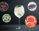 Un verre de gin tonic avec des rondelles de citron, entouré de grains de café, de concombre, de thé et de pamplemousse. Des idées pour savoir avec quoi boire du gin.