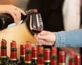 Service d'un vin rouge fruité et doux dans un verre, avec des bouteilles alignées en arrière-plan.