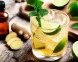 Un verre de mocktail ginger beer rafraîchissant, garni de menthe et de quartiers de citron vert, avec du gingembre frais et une fiole d'extrait à proximité.