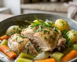 Un plat réconfortant : poule au pot façon grand-mère. Morceaux de poulet tendres, carottes, céleri, oignons et pommes de terre dans un bouillon savoureux.