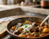 Un bol fumant de recette goulash hongroise traditionnelle, garni de crème et de persil, avec une tranche de pain rustique à côté.