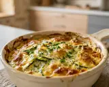 Un délicieux gratin de courgettes moelleux, doré et gratiné, garni de persil frais. Parfait pour un repas réconfortant.
