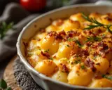 Un délicieux gratin de pommes de terre et lardons, doré et gratiné, garni de persil frais et d'une touche de romarin.