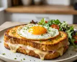 Un délicieux croque madame, avec son œuf au plat coulant, son jambon et son fromage fondant, servi avec une salade verte. Parfait pour une recette facile et gourmande.