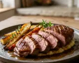 Magret de canard tranché, parfaitement cuit sur plancha, servi avec des carottes rôties et une purée onctueuse.