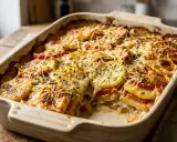 Gratin de pommes de terre et tomates, doré et gratiné, prêt à être dégusté.