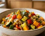 Un bol de ratatouille colorée avec courgette, tomate, poivrons et oignons, garni d'herbes fraîches.