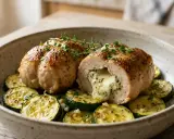 Une paupiette de dinde savoureuse, coupée en deux, révèle un cœur fondant de fromage et d'herbes, servie sur un lit de courgettes grillées.