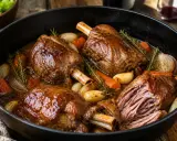 Souris d'agneau braisées, carottes, oignons et ail dans une cocotte. Une recette grand chef qui promet un plat savoureux et fondant.