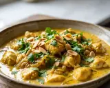 Un plat de poulet korma onctueux, garni de coriandre fraîche et d'amandes effilées. Une recette savoureuse à découvrir.