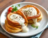 Deux vol-au-vent garnis d'une quenelle onctueuse, saupoudrés de poivre, accompagnés de tomates cerises et d'une touche de persil.