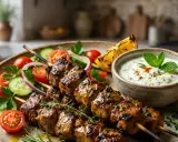 Brochettes d'agneau grillées, savoureuses et juteuses, accompagnées d'une sauce blanche fraîche et d'une salade colorée. La marinade pour brochette d'agneau a fait son œuvre !