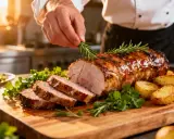 Un chef étoilé décore un filet mignon de porc rôti avec du romarin. Une recette qui promet un délice.