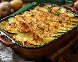 Un délicieux gratin courgettes pommes de terre, doré et croustillant, prêt à être dégusté.