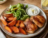 Un plat savoureux avec du poulet grillé, une salade fraîche et un accompagnement patate douce rôti, servi avec une sauce crémeuse.