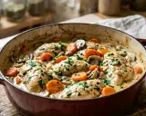 Un plat fumant de fricassée de volaille, avec des morceaux de poulet tendres, des champignons et des carottes dans une sauce crémeuse, garni de persil frais.