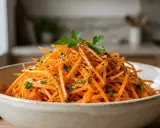 Une salade de carottes traditionnelle, râpées finement et parsemées de persil frais et de poivre noir, dans un bol en céramique.