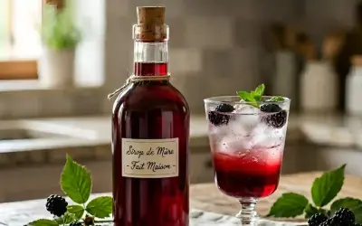 Bouteille de sirop de mûres fait maison à côté d'un verre de boisson pétillante aux mûres et à la menthe.