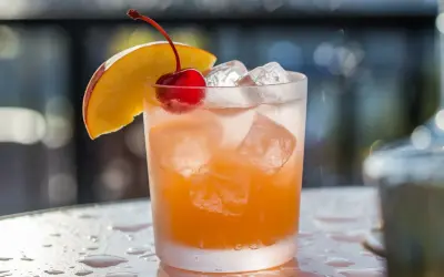 Cocktail rafraîchissant au jus d'abricot et alcool, garni d'une cerise et d'une tranche de pêche.