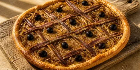 Pissaladière aux anchois et olives sur pâte brisée ou feuilletée, un délice provençal.