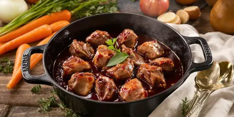 Joue de porc en cocotte, tendres morceaux nappés d'une sauce savoureuse, accompagnés de carottes et d'oignons.