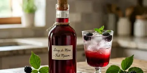 Bouteille de sirop de mûres fait maison à côté d'un verre de boisson pétillante aux mûres et à la menthe.