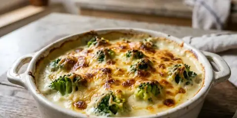 Un gratin de brocolis crémeux et doré, parfait pour une recette réconfortante.
