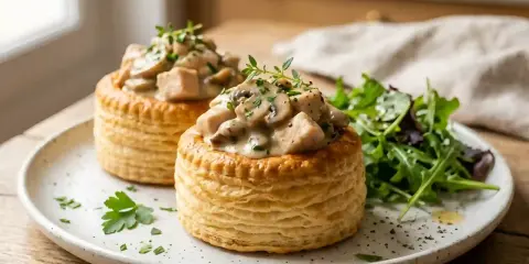 Deux bouchées à la reine poulet garnies de champignons et d'une sauce crémeuse, servies avec une salade verte.