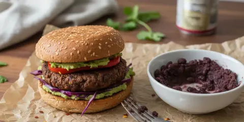 Burger végétarien savoureux avec avocat, tomate et chou rouge. Une recette facile à réaliser pour un repas sain et gourmand.