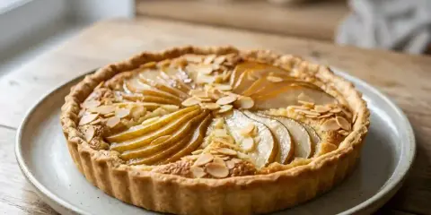 Une délicieuse amandine aux poires, garnie d'amandes effilées, sur une assiette en céramique.