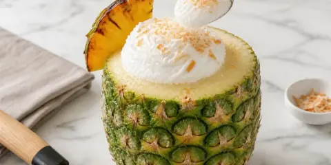 Un délice tropical : un pina colada sans alcool servi dans un ananas évidé, garni de crème et de noix de coco râpée.