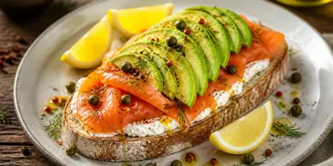 Un toast gourmand avec avocat, saumon fumé, fromage frais, câpres et citron. Un délice pour les papilles !