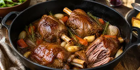 Souris d'agneau braisées, carottes, oignons et ail dans une cocotte. Une recette grand chef qui promet un plat savoureux et fondant.