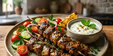 Brochettes d'agneau grillées, savoureuses et juteuses, accompagnées d'une sauce blanche fraîche et d'une salade colorée. La marinade pour brochette d'agneau a fait son œuvre !