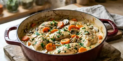 Un plat fumant de fricassée de volaille, avec des morceaux de poulet tendres, des champignons et des carottes dans une sauce crémeuse, garni de persil frais.