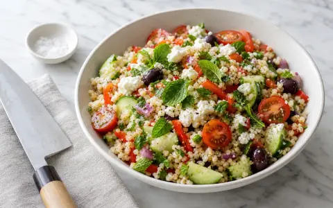 Salade de riz colorée avec tomates, concombre, olives, feta et menthe fraîche. Un plat estival parfait.